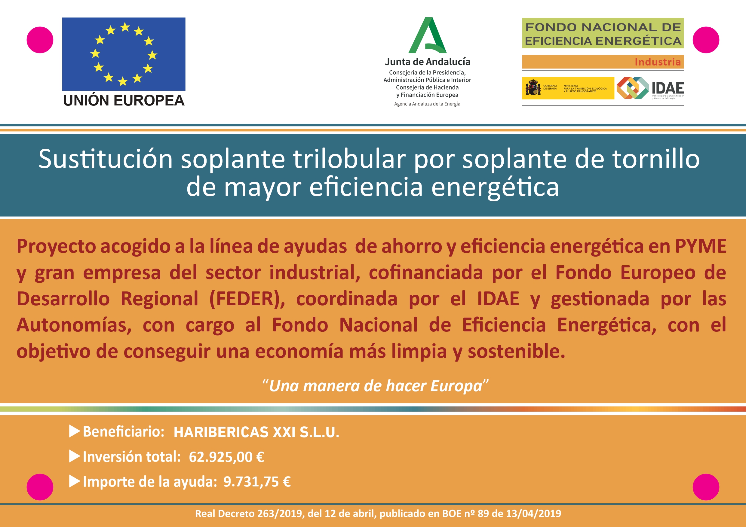Ayuda de la Unión Europea para nuestro proyecto 'Sustitución de soplante trilobular por soplante de tornillo de mayor eficiencia energética'